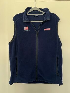 Vineyard Vines Navy Fleece Vest with Michigan & Flag Embroidery